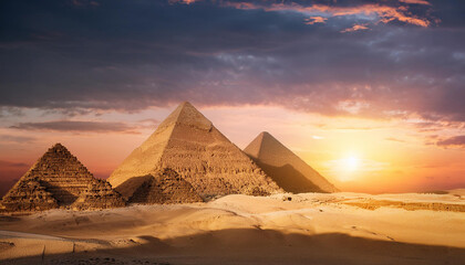 Egyptian pyramids at dusk, mystical glow on ancient stone structures. Historical monument.