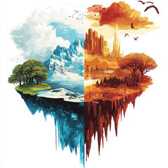 nature landscape illustration environment seasons art mountains trees water sky fantasy colorful split surreal autumn winter summer scenery wilderness digital art 
