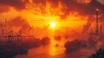 Naklejka premium A city with a lot of pollution and a sunset in the background