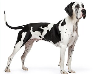 Great dane standing and looking up on white background