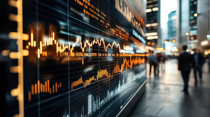 Obraz premium Close-up of a digital financial stock market chart display on a screen in an urban setting with blurred business professionals walking in the background.
