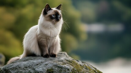 A serene cat sitting on a rock, gazing into the distance with a blurred natural background.