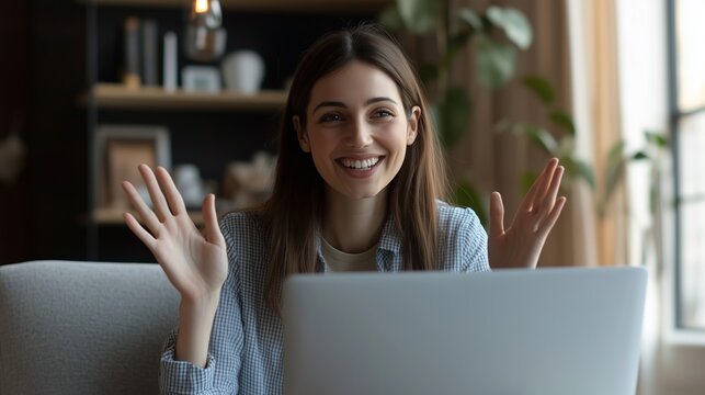 Smiling woman participating in a video call while sitting comfortably on a couch in a cozy living room setting