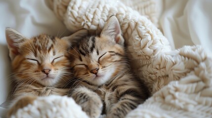 Two striped kittens sleeping peacefully together, wrapped in a cozy blanket, cute and serene moment