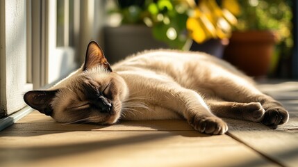 A serene cat sleeping peacefully in a sunlit indoor space.