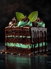 Luxurious chocolate mint cake with an enticing background.