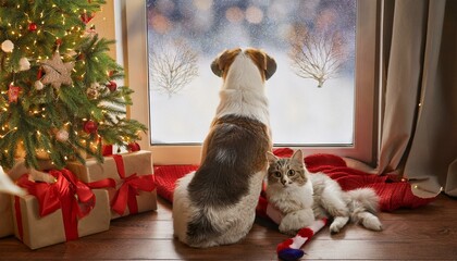 Dog and Cat Cuddled by a Christmas Tree.