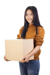 Young Asian woman holding brown cardboard boxes isolated on white background with clipping path. Lifestyle concept. Concept delivery online.