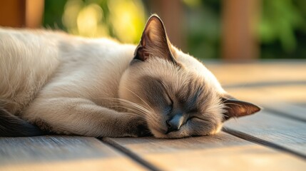 A serene cat sleeping peacefully on a wooden surface in warm sunlight.