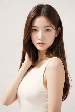 A woman with long brown hair is wearing a white tank top