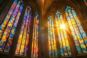 Obraz premium Majestic cathedral with stained glass windows showcasing vibrant colors and intricate designs. sunlight streams through, creating breathtaking atmosphere of serenity and awe