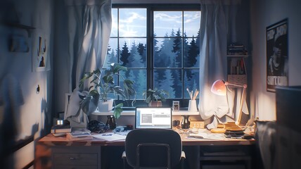 A cozy home office with a warm lamp and a view of a forest, perfect for a peaceful and productive evening. 
