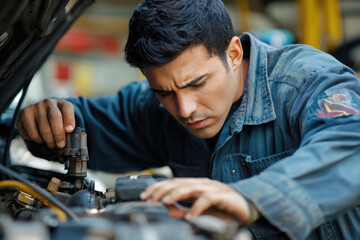 Mechanic performing coolant flush on customers car, focused on task at hand, showcasing expertise and dedication in automotive repair