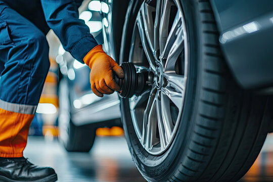 A mechanic is performing tire rotation on customers vehicle, showcasing skilled hands and attention to detail. scene captures essence of automotive maintenance and care
