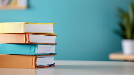 Fototapeta premium A stack of colorful books resting on a table, perfect for educational themes and study environments.