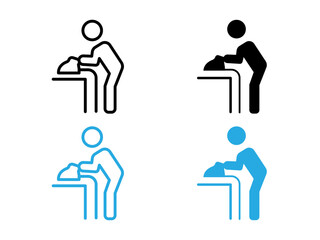 Man iron clothes icon black and white vector outline sign