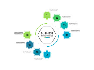 Infographic template. Concept circular diagram with 8 options. Round chart that can be used for business analytics, data visualization and presentation. Vector illustration.