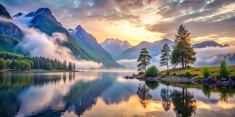 Fjord landscape serene evening watercolor trees misty mountain range escape wilderness tranquility peaceful refuge solitude vastness breathtaking scenery