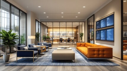 Modern office lobby with stylish seating and vibrant decor.