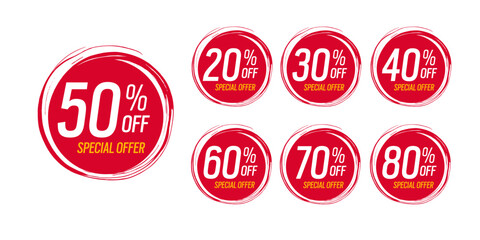 Special offer discounts label starting from 20, 30, 40, 50, 60, 70, 80 percent off. vector discount sticker red.