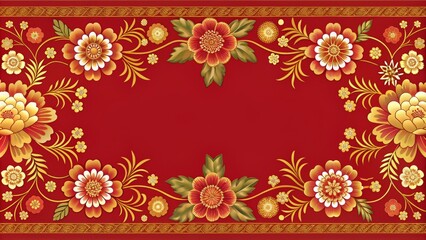 Floral border design with Asian-inspired elements and bold red and gold color scheme