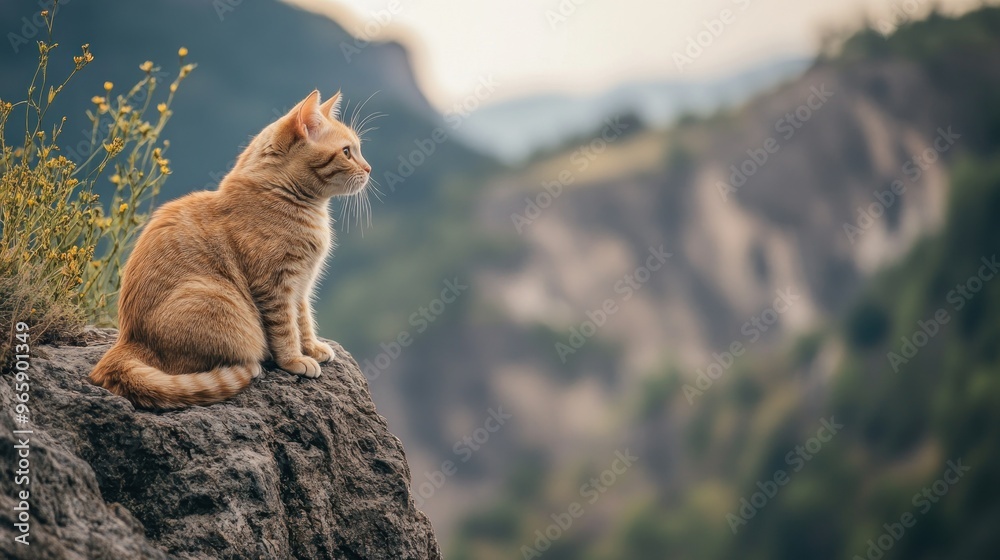 Wall mural A serene orange cat perched on a rock, gazing at a distant landscape.