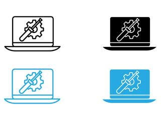 Repairing laptop icon black and white vector outline sign