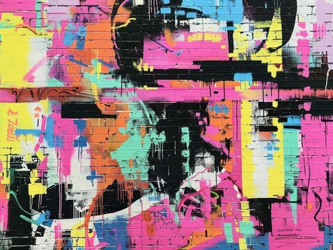 abstract urban mural combining traditional graffiti techniques with digital glitch effects vibrant colors geometric shapes and distorted typography create a pop art inspired backdrop