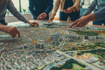 hands of a Urban planners gathered around a large table with a detailed city map, discussing a new development with copy space