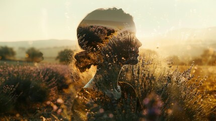 Double Exposure of French Artist Merged with Vineyards, Lavender Fields, and Country Roads

