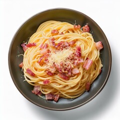 spaghetti pasta with cheese and chopped bacon, isolated on white background