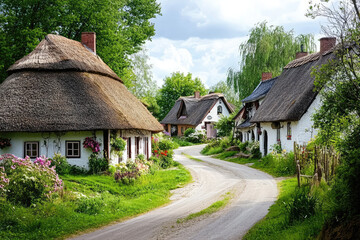 Quaint village with thatched roof cottages surrounded by lush greenery and vibrant flowers, creating picturesque and serene atmosphere
