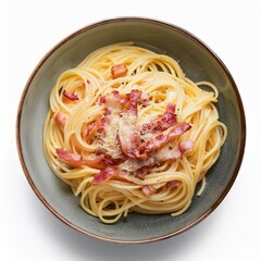 spaghetti pasta with cheese and chopped bacon, isolated on white background