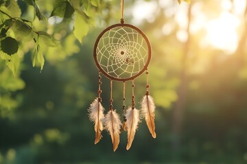 A dreamcatcher woven with feathers and beads hanging from a tree branch sunlight catching the intricate details natural lighting professional color grading low contrast soft shadows