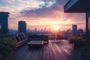 A stunning rooftop terrace with city views at sunset, showcasing beautiful skyline and vibrant colors in sky. space features comfortable seating and lush greenery, creating serene atmosphere