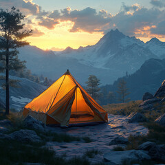 A small yellow tent is set up in the mountains