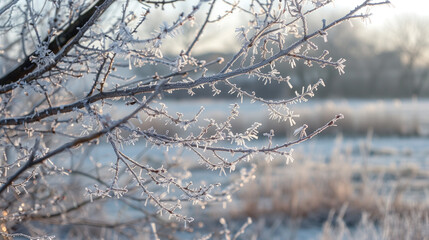 Frost-covered branches at sunrise