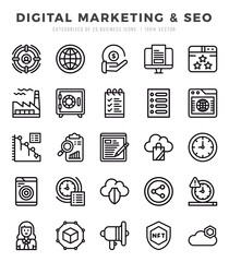 Set of Digital Marketing & SEO Icons. Simple line art style icons pack.