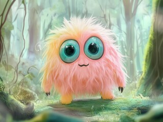 Fototapeta premium adorable monster character fluffy pastel fur big expressive eyes whimsical forest background