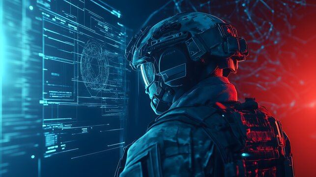 Soldier in futuristic combat gear stands ready - Powered by Adobe