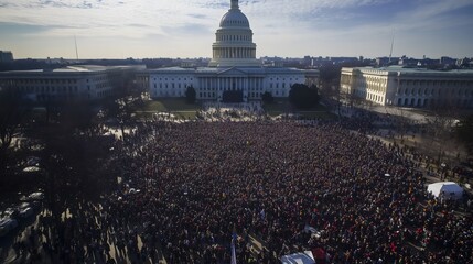 Aerial View of a Large Crowd Gathered in Front of a Building