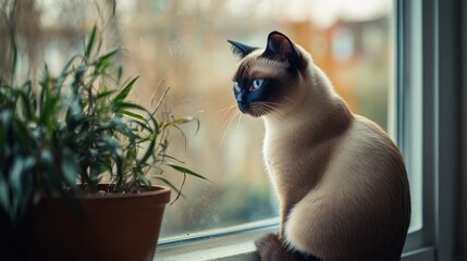A Siamese cat gazes out a window beside a potted plant.