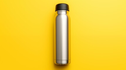 empty stainless thermo water bottle close-up isolated solid background. Metal flask, water bottle for the preservation of a hot or cold liquid