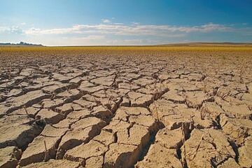 Fototapeta premium Drought conditions have led to severe water scarcity and crop failure, resulting in cracked earth and barren fields. This image captures stark reality of environmental challenges