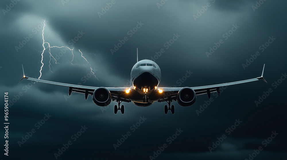 Wall mural A commercial airplane flying through a storm with lightning visible in the background. The aircraft's lights are on and the sky is dark and cloudy, indicating a severe weather condition.