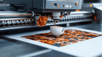 Close-up of a printer-like machine pouring latte art into a cup of coffee, situated on top of a floral patterned printed sheet. The scene combines technology and art creatively.
