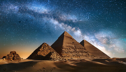 Egyptian pyramids illuminated under starry night sky. Milky Way above ancient monuments.