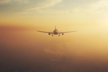 A plane approaches for landing amidst smog and air pollution, creating visibility issues in hazy sunset sky. scene captures impact of environmental factors on aviation