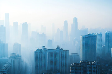 Fototapeta premium image depicts cityscape shrouded in smog and air pollution, causing significant visibility issues. tall buildings appear hazy, creating somber atmosphere