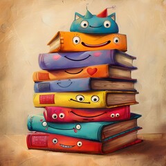 Vibrant Stack of Whimsical Illustrated Storybooks with Cheerful Faces
